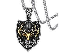 DFWY Viking Hirsch Geweih Anhänger Halskette, Zweifarbige Edelstahl Hirschkopf Schild Rune Talisman, Männer Frauen Vintage Keltische Mythologie Kompass Nordic Schmuck