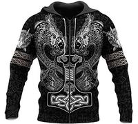 DFWY Viking Mjolnir Thor's Hammer Fenrir Sweatshirt Hoodie, Unisex Norse Tattoo Runes 3D drucken volle Zip Lightweight Pullover, Mode Vintage Persönlichkeit Casual Jacke(Zip,XXL)