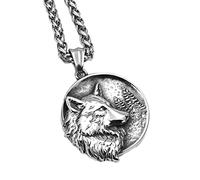 DFWY Viking Wolf Head Edelstahl Anhänger Halskette Für Männer, Norse Fenrir Wolf Halskette, Vintage Odin Wolf Amulett Halskette Mode Punk Street Rock Schmuck (Color : Silver)