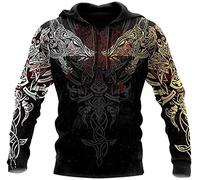 DFWY Vintage Odin Tattoo 3D Bedruckt Wikinger Hoodie, Nordic Mythology Celtic Wolf Rune Pullover, Mode neutrale Langarmstraße Harajuku Sweatshirt Jacke(Hoodie,L)