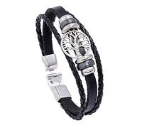 DFWY Wikinger Baum des Lebens Leder Geflochtenes Armband - Nordisches Yggdrasil Metallperlen Manschettenarmband - Handgemachtes Herren Damen Vintage Mehrschichtiges Lederband Armband(Black)