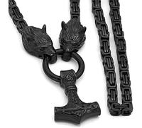 DFWY Wikinger Herren Wolf Head Mjolnir Halskette, Nordic Celtic Thor's Hammer Anhänger, Männer Men Stahl Square Schwarz König Kette Pagan Amulett Schmuck Geschenk(Pure Black,70cm)