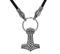 DFWY Wikinger Odin Thors Hammer Anhänger Lederhalskette - Nordischer Keltischer Knoten Mjolnir Rabenkopf Geflochtenes Seil Amulett - Handgefertigter Gotischer Heidnischer Tierpiratenschmuck
