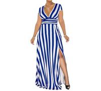 DGCUPODE Streifen-Kleider mit tiefem V-Ausschnitt für Damen Casual Cape Ärmel Schlitz Maxi Kleider Mode Club Party Cocktail Langes Kleid (Blau,M)