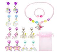 DGHEGDUI 6 Paar Süße Prinzessin Ohrringe, 1 Set Halskette Armband Set, Cartoon Kinder Ohrclips, Pony Anhänger Halskette, Mädchen Schmuck Geschenk.