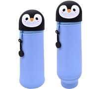 DGTSYAL 2 in 1 Weiche Silikontasche Kawaii Federmäppchen, Tischstifthalter, Reißverschluss, Silikon, Stiftetasche Buntstifte Marker, Büro, Uni, niedlicher Schulbedarf, Mädchen (Blauer Pinguin)