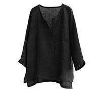 DGZTWLL Henley-Shirt für Herren, 3/4-Ärmel, Leinen-Mischgewebe, lässiger V-Ausschnitt, aufrollbare Ärmel, leichtes, atmungsaktives Material für Alltag und Strand, Schwarz , M