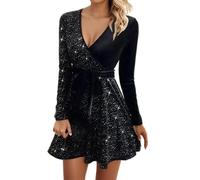 DHYUEN Cocktailkleid Damen V-Ausschnitt Langarm Paillettenkleid Partykleid Glänzend Sexy Glitzerkleid Cocktailkleider Elegant Slim Fit Abendkleider Glitzer Kleid Pailletten Kleider