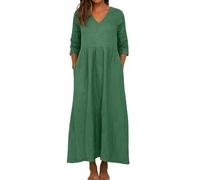 DHYUEN Hemdblusenkleid Leinenkleider Große Größen Locker Cocktailkleid Sportbekleidung Elegant Damenkleid Casual Bunte Kleider Damen Sommer （3-Dark Green，XL）