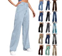 DHYUEN Jeans Damen High Waist Mit Taschen Jeanshose Baggy Straight Leg Jeans Stretch Casual Schlaghose Wide Leg Jeans Mode Vintage Denim Damenhose Freizeithose Streetwear Weites Bein Damenjeans