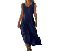 DHYUEN Kleid Elegant Damen Locker Casual Maxikleid Abendkleider Lang Mode Hochzeitskleid Maxikleider Vintage Leinenkleid Sommer Lässiges Pareos & Strandkleider Für Damen(1-Navy,L)