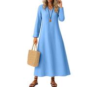 DHYUEN Kleid Hochzeitsgast Damen Langarm Slim Fit Baumwollkleid Maxikleider Einfarbige Festlich Weihnachten Cocktailkleid Casual Sommerkleid Grün （1-Blue，M）