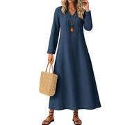 DHYUEN Kleid Langarm Damen Herbst Casual Damenkleider Wickelkleid Leicht Und Luftig Strandkleid Baumwolle Freizeitkleider Mode Chiffonkleid Sommer （1-Navy，L）