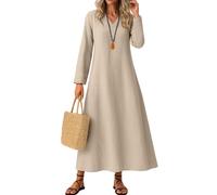 DHYUEN Maxikleider Bodycon Kleid Damen Langarm Leicht Und Luftig Bohokleid Abendkleider Locker Lang Sommer Baumwollkleid Herbst Hemdblusenkleid （1-Beige，XXL）