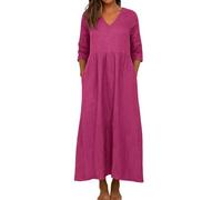 DHYUEN Maxikleider Damen Sommer Langarm V-Ausschnitt Sommerkleid Boho Kleid Einfarbige Lang Strandkleid Maxikleid Leicht Und Luftig Leinenkleider Freizeitkleid Elegant Casual Kleider Baumwollkleid