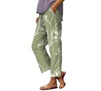 DHYUEN Pyjamahose Damen Lang Mit Kordelzug Shorts Leinenhose Damen 7/8 Cargohose Leicht Und Luftig Freizeithose Weites Bein Hose Sommerhose Damen Leicht 7/8 Jeanshose Sommerhose（2-Green，S）