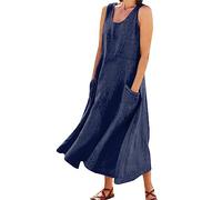 DHYUEN Schwarzes Kleid Damen Leichte Rundhals Brautkleider Sommerkleider Damen Leicht Und Luftig Lang Einfarbige Swingkleid Blumenkleid Locker Sommerkleider Knielang Pareos & Strandkleider（2-Navy，L）