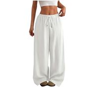 DHYUEN Sommerhosen Damen 7/8 Elegant Lässig Leinenhose Hose Weiss Damen Leicht Und Luftig Wanderhose Damenhose Atmungsaktive Marlene Hose Sommer Haremshose Casual Kurze Radlerhose(Weiß,M)