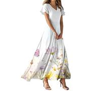 DHYUEN Sommerkleider Damen Leicht Und Luftig Sommerkleid Strandkleid V Ausschnitt Kurzarm Kleider Abendkleid Lässiges Sommer Strand Kleid Langkleid Sommer Elegant Freizeitkleider Beach（2-White，XL）