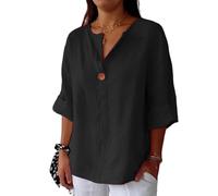 DHYUEN Strandtunika Damen Sommer Locker Revers Trachtenblusen Musselin Hosenanzug Weich Langarmbluse Blusenshirt Knopfleiste Satin Bluse Damen Blusentop Elegant Badeoberteil(1-Black,XL)