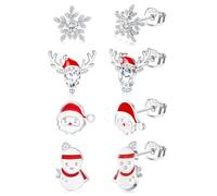 Diamday 4Paar Silber 925 Ohrringe - Schneeflocken & Weihnachtsbaum Design - Hypoallergen - Damen, Mädchen & Kinder Ohrstecker - Weihnachtsschmuck & Geschenke