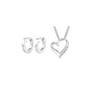 DIAMORE Damen Ohrringe Creolen Basic mit Diamant (0.04 ct.) in 925 Sterling Silber +Damen Schmuck Halskette Kette mit Anhänger Herz Liebe Freundschaft Liebesbeweis Silber 925 Diamant 0,06 Karat Silber