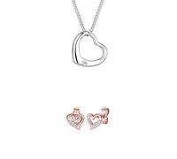 DIAMORE Damen Schmuck-Set Herzensglut: 925 Sterling Silber Halskette 45 cm + Ohrstecker mit Diamant 0,06 Karat, Weiß, Herzform, Lupenrein, Poliert, Klassisch, 2 Count, für Damen