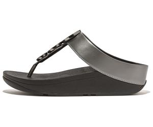 Dianette FITFLOP "HALO BEAD-CIRCLE METALLIC TOE-POST SANDALS", Damen, Gr. 38, altsilberfarben, Lederimitat, Glitzer, metallic, Schuhe Dianette, Pool Slides, Pantolette mit dämpfender Zwischensohlentec
