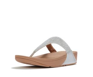 Dianette FITFLOP "LULU CRYSTAL EMBELLISHED TOE-POST SANDALS - HOTFIX", Damen, Gr. 40, silberfarben, Textil, Glitzer, Schuhe Dianette, Keilabsatz, Sommerschuh, Zehentrenner mit weichem Zehensteg (19499