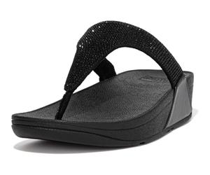 Dianette FITFLOP "LULU CRYSTAL EMBELLISHED TOE-POST SANDALS - HOTFIX", Damen, Gr. 41, schwarz, Textil, Glitzer, Schuhe Dianette, Keilabsatz, Sommerschuh, Zehentrenner mit weichem Zehensteg (21856253-4