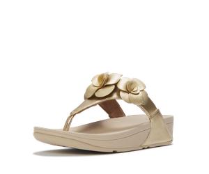 Dianette FITFLOP "LULU FLOWER TOE-POST SANDALS", Damen, Gr. 38, platino, Lederimitat, geblümt, Schuhe Dianette, Keilabsatz, Zehentrenner, Sommerschuh mit modischer Blütenverzierung (46040443-38) plati