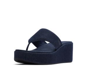Dianette FITFLOP "PLATFFORMS DENIM WEDGE TOE-POST SANDALS", Damen, Gr. 40, dunkelblau, Textil, unifarben, Schuhe Dianette, Plateau, Zehensteg, Sommerschuh mit weichem Zehensteg (27598428-40) dunkelbla
