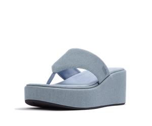 Dianette FITFLOP "PLATFFORMS DENIM WEDGE TOE-POST SANDALS", Damen, Gr. 41, hellblau, Textil, unifarben, Schuhe Dianette, Plateau, Zehensteg, Sommerschuh mit weichem Zehensteg (28119842-41) hellblau