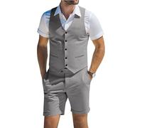Diaryan Herrenanzug aus Leinen, 2-teilig, Westen, Kurze Hosen, Anzüge für Herren, lässig, Sommer, Strand, Trauzeugen, Hochzeit, Weste, Set, Outfit, GRAU, S