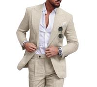 Diaryan Leinenanzug-Set für Herren, lässiger Smoking, 2-teilig, normale Passform, Blazer, Ein-Knopf-Jacke und Hose, für Abschlussball, Hochzeit, Party, Beige, S