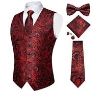 DiBanGu Anzugweste für Herren, 5 Stück Hochzeit Paisley Weste Krawatte und Fliege Einstecktuch Manschettenknöpfe S-3XL, Rot, schwarz, XXX-Large