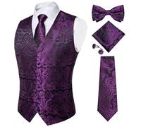DiBanGu Anzugweste für Herren, 5 Stück Hochzeit Paisley Weste Krawatte und Fliege Einstecktuch Manschettenknöpfe S-3XL, Lila Paisley, Medium