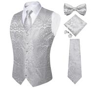 DiBanGu Anzugweste für Herren, 5 Stück Hochzeit Paisley Weste Krawatte und Fliege Einstecktuch Manschettenknöpfe S-3XL, silber, X-Large