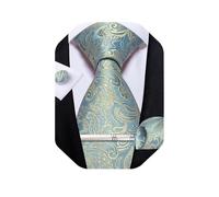 DiBanGu Herren-Krawattenset Hellgold-blaue/grün Paisley-Krawatte und Einstecktuch Manschettenknöpfe Krawattenklammer-Set Klassische formelle Krawatten für den Geschäftsalltag