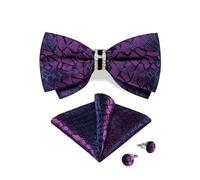 DiBanGu Herren Lila vorgebundene Fliege mit Ring und Seide tiefviolett karierte Fliege und Einstecktuch Manschettenknöpfe