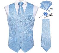 DiBanGu Herren Paisley Westen Krawatten Set mit Anstecknadel Krawattenklammer 7-teilig Seide V-Ausschnitt Anzugweste und Krawatte für Smoking Hochzeit, Hellblaues Paisley, X-Large