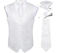 DiBanGu Herren Paisley Westen Krawatten Set mit Anstecknadel Krawattenklammer 7-teilig Seide V-Ausschnitt Anzugweste und Krawatte für Smoking Hochzeit, Weißes Paisley., Small