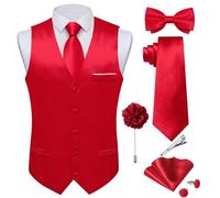 DiBanGu Herren Satin-Anzugweste und Krawatte, 8-teilig, solide Weste und Fliege mit Anstecknadel für Smoking, Kleid, Weste, Hochzeit, formelle Anlässe, Rot/Ausflug, einfarbig (Getaway Solids), Large