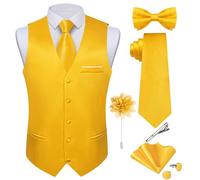 DiBanGu Herren Satin-Anzugweste und Krawatte, 8-teilig, solide Weste und Fliege mit Anstecknadel für Smoking, Kleid, Weste, Hochzeit, formelle Anlässe, gelb, Medium