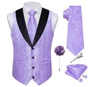 DiBanGu Herren-Seidenweste und Krawatte, 7-teilig, Paisleymuster, Anzugweste und Krawatte mit Anstecknadel für Hochzeit, Schalkragen, Kleid, Weste, Flieder, Small