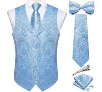 DiBanGu Herren-Set aus Seide, Paisleymuster, Weste und Krawatte, vorgebundene Fliege, formelle Weste für Hochzeit, Party, 6 Stück, Hell, blau, XXX-Large