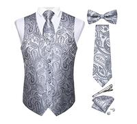 DiBanGu Herren-Set aus Seide, Paisleymuster, Weste und Krawatte, vorgebundene Fliege, formelle Weste für Hochzeit, Party, 6 Stück, silber, X-Large