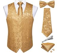 DiBanGu Herren-Set aus Seide, Paisleymuster, Weste und Krawatte, vorgebundene Fliege, formelle Weste für Hochzeit, Party, 6 Stück, Gold, XX-Large