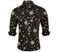 DiBanGu Herren-Weihnachtskleid, langärmelig, festliches Urlaubshemd für Männer, Urlaub, Party, Weihnachten, bedrucktes Button-Down-Shirt, Schwarze und goldene Schneeflocke, Mittel