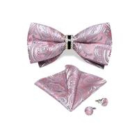 DiBanGu Rosa Fliege für Herren Seide Paisley vorgebundene Fliege und Taschentuch Manschettenknöpfe Set Hochzeit mit Ring